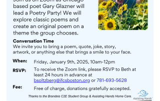 Flyer for the JF&CS Virtual Memory Café on January 9, 2026, featuring a Poetry Party led on Zoom by Gary Glazner of the Alzheimer’s Poetry Project.