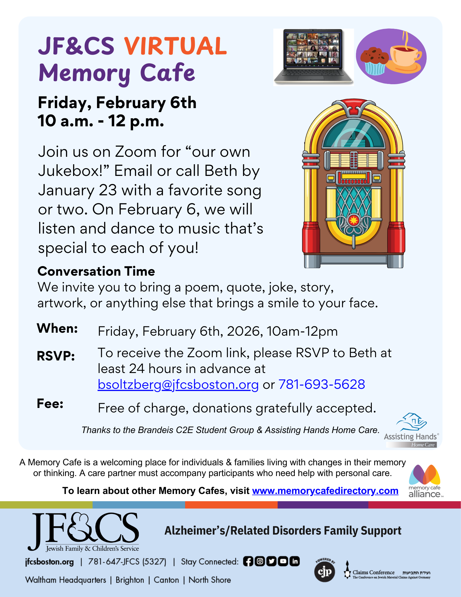 JF&CS Virtual Memory Café flyer featuring event details for February 6th, 2026, including a Zoom jukebox activity, RSVP information, a colorful jukebox illustration, and organizational logos.