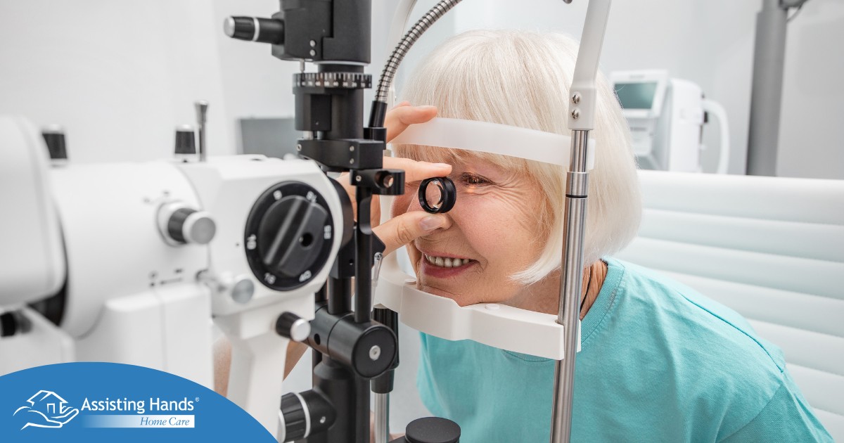 Elderly woman eyesight test with binocular slit-lamp.