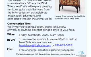 Flyer for JF&CS Virtual Memory Café featuring a Museum of Fine Arts tour and event details for Friday, March 6th.