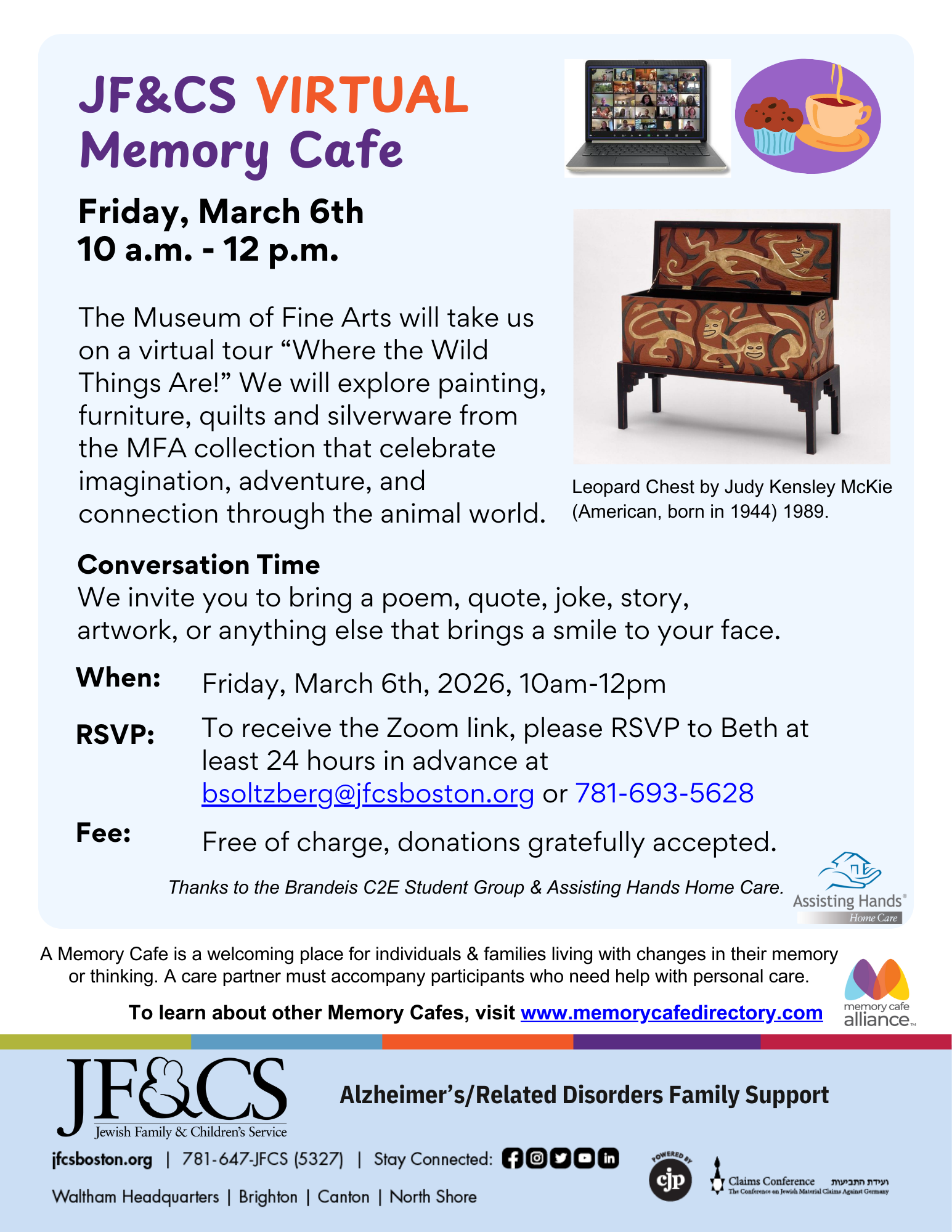 Flyer for JF&CS Virtual Memory Café featuring a Museum of Fine Arts tour and event details for Friday, March 6th.