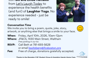 JF and CS Memory Café event flyer featuring Laughter Yoga session with Bill and Linda Hamaker in Waltham on April 10, 2026