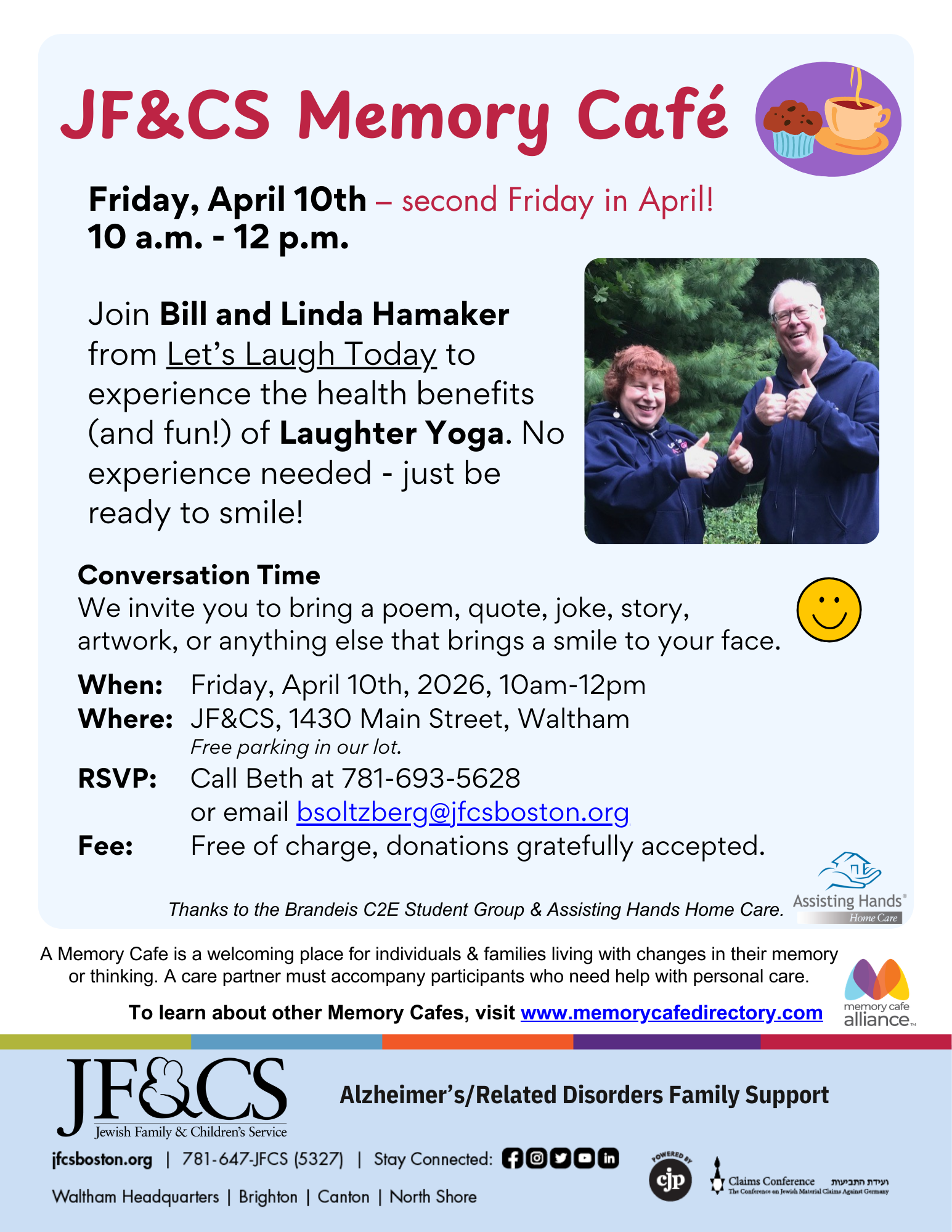 JF and CS Memory Café event flyer featuring Laughter Yoga session with Bill and Linda Hamaker in Waltham on April 10, 2026