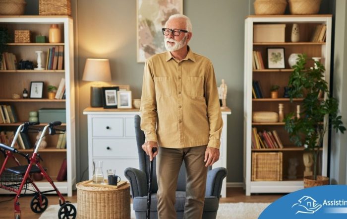 Exploring fall prevention for seniors — an elderly man stands in a safely arranged room.
