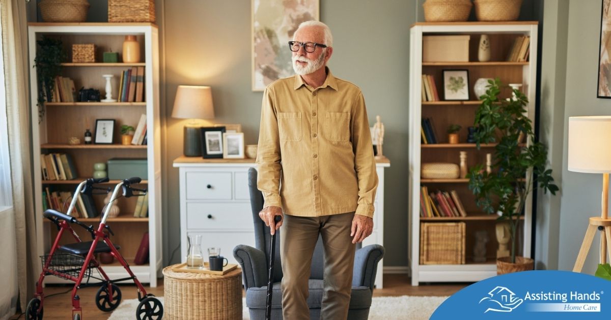 Exploring fall prevention for seniors — an elderly man stands in a safely arranged room.