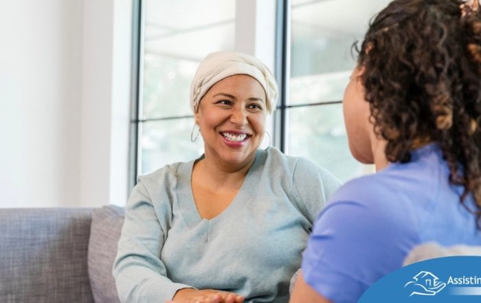 Senior woman benefiting from home care during cancer treatment.