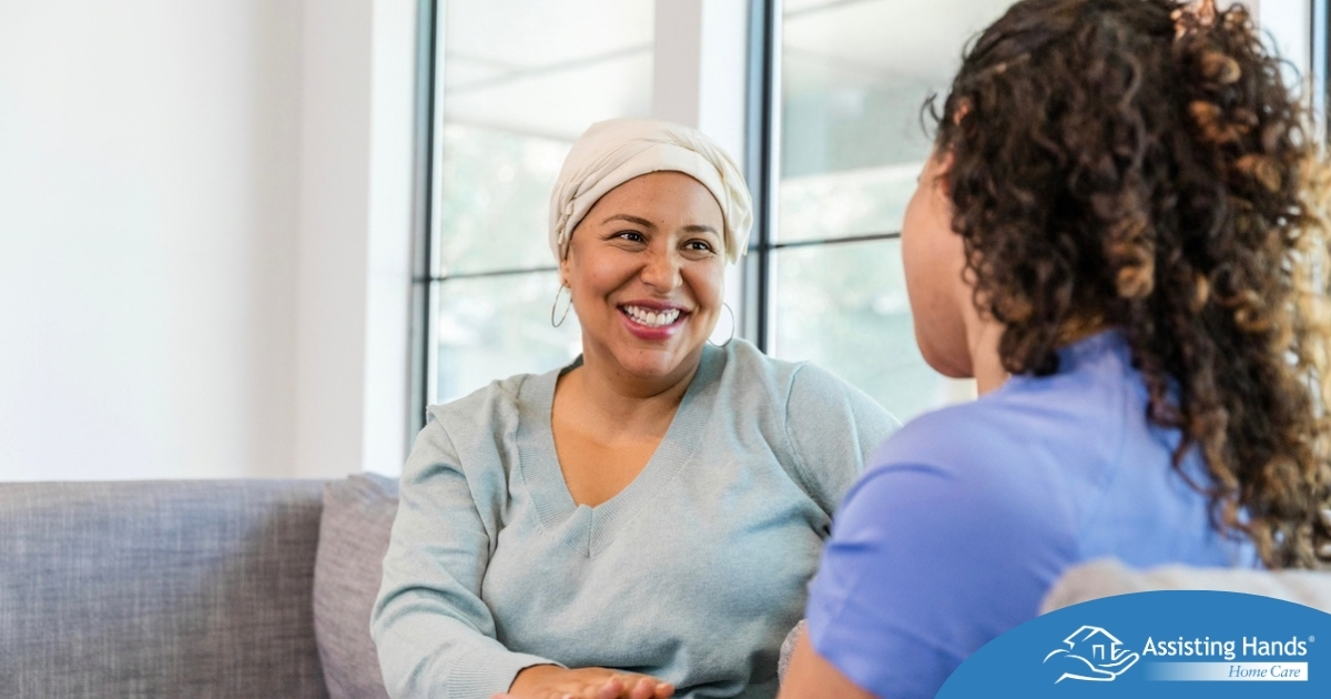 Senior woman benefiting from home care during cancer treatment.