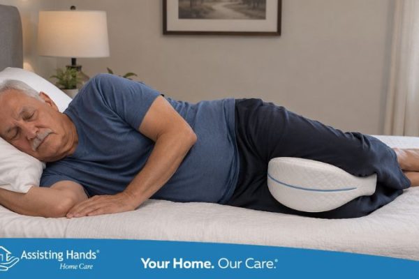 A senior man sleeping comfortably on his left side in bed with a knee pillow placed between his legs for support and spinal alignment in a calm bedroom setting.