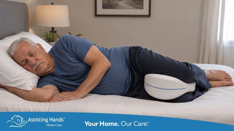 A senior man sleeping comfortably on his left side in bed with a knee pillow placed between his legs for support and spinal alignment in a calm bedroom setting.