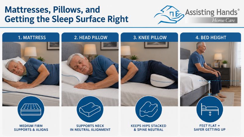 Infographic showing four sleep surface tips for seniors, including a medium-firm mattress, supportive head pillow, firm knee pillow, and safe bed height