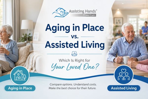 comparing aging in place and assisted living, featuring seniors at home and in a community care setting