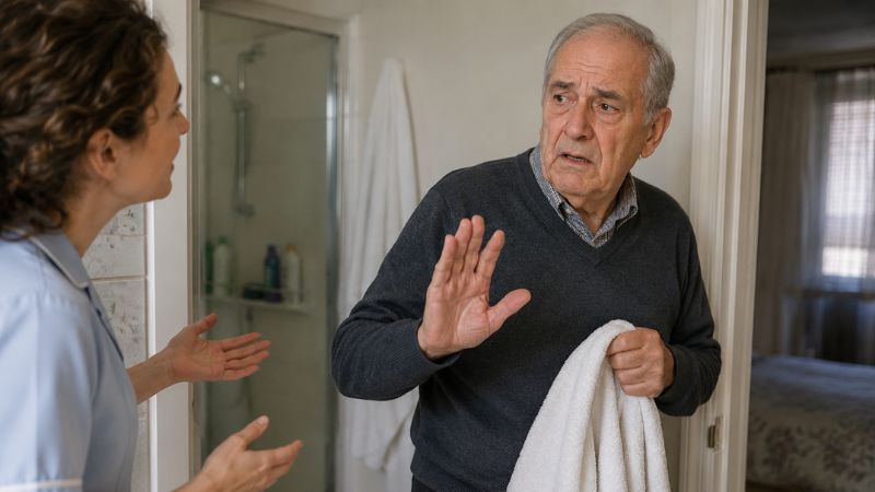 senior man who is suffering from dementia is refusing and saying no for shower