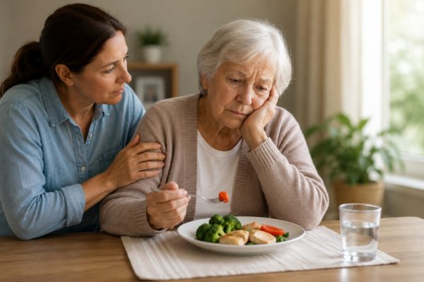 Senior woman struggling with appetite while caregiver offers support during mealtime at home