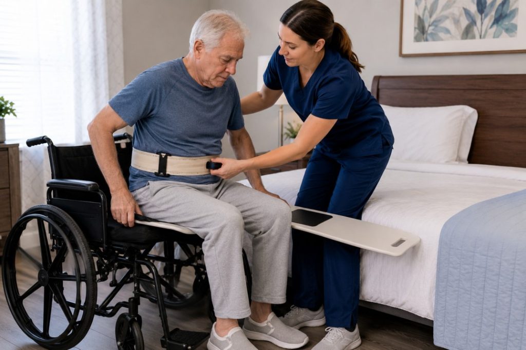 Caregiver assisting with transfer to bed