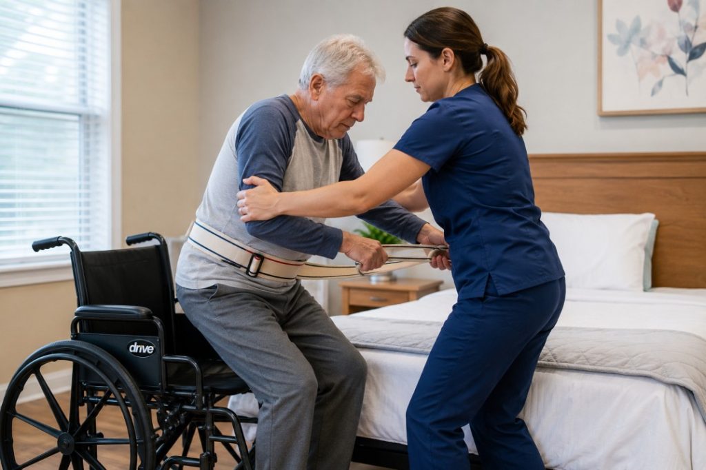 Caregiver assisting with wheelchair transfer