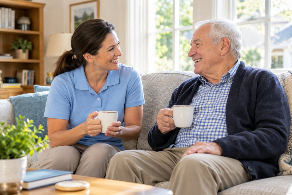 Assisting Hands caregiver providing companionship to a senior man in his Roswell home