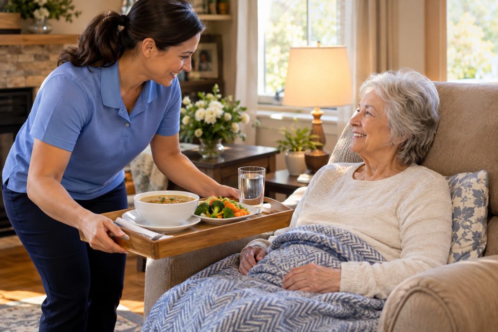 Caregiver serving a healthy home-cooked meal to a senior woman recovering at home