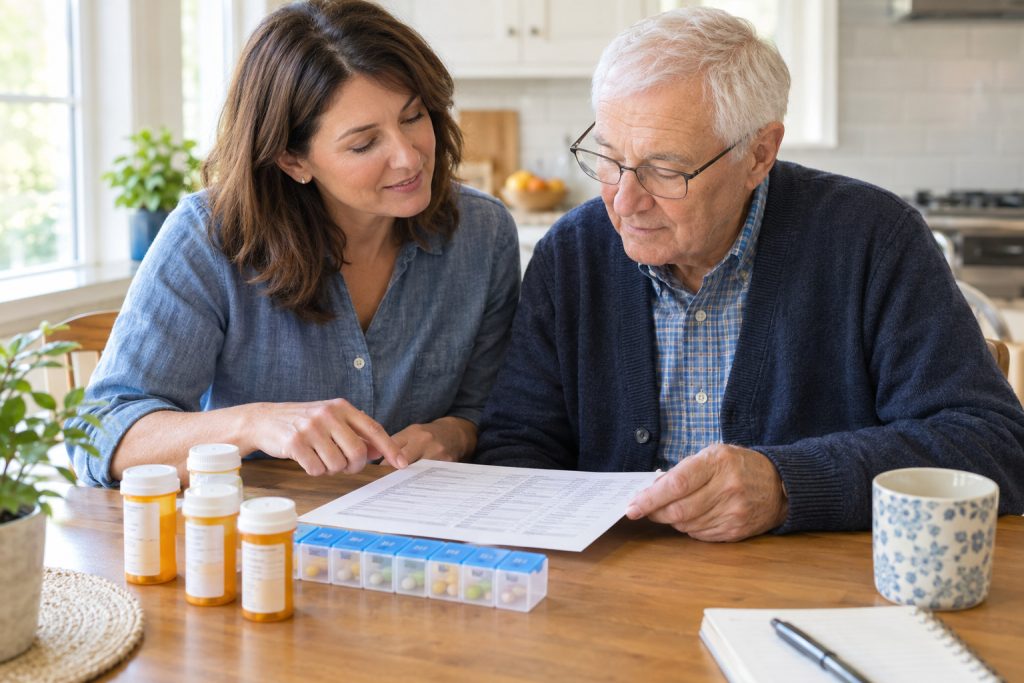 Family caregiver reviewing a medication list and pill organizer with an older man at the kitchen table