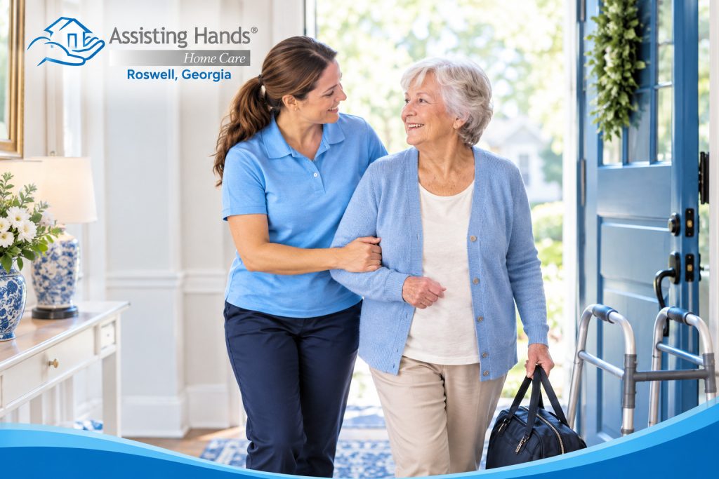 Assisting Hands caregiver helping a senior woman return home after a hospital stay
