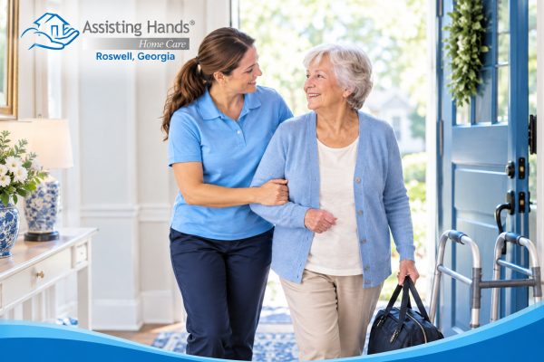 Assisting Hands caregiver helping a senior woman return home after a hospital stay