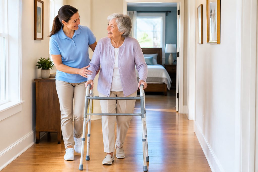 Caregiver helping a senior woman walk safely through a well-lit hallway at home