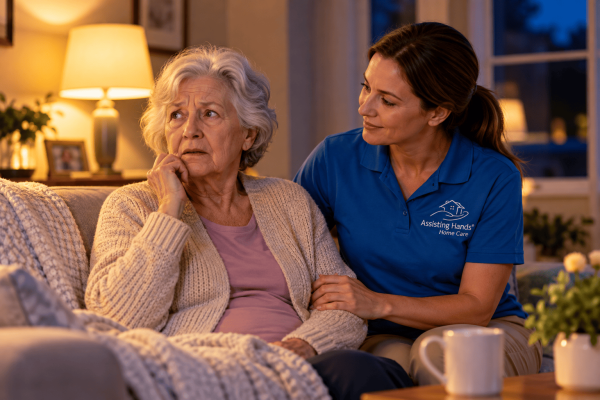 Senior with dementia receiving calm evening support from a caregiver