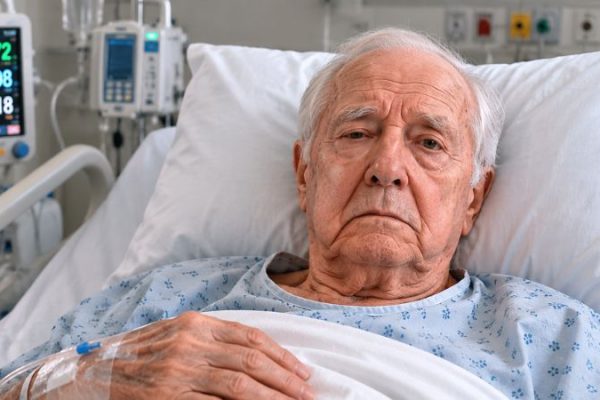 Elderly man lying in a hospital bed after experiencing a stroke, appearing weak and resting with medical monitoring equipment nearby.