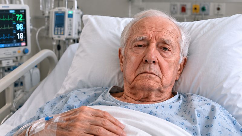 Elderly man lying in a hospital bed after experiencing a stroke, appearing weak and resting with medical monitoring equipment nearby.