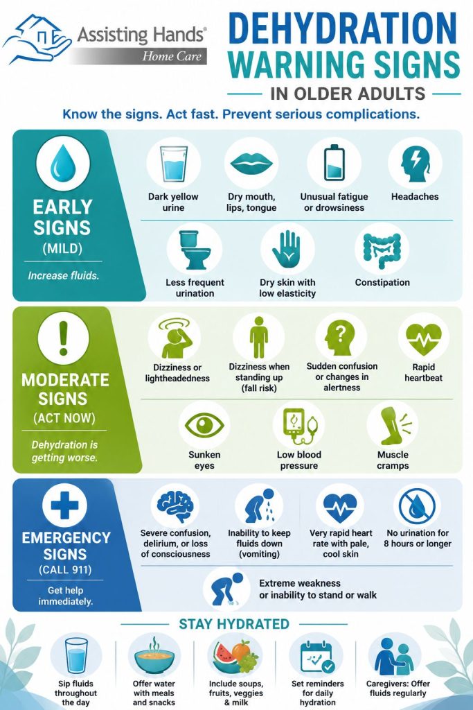 Dehydration warning signs in older adults infographic Dehydration warning signs in older adults infographic
