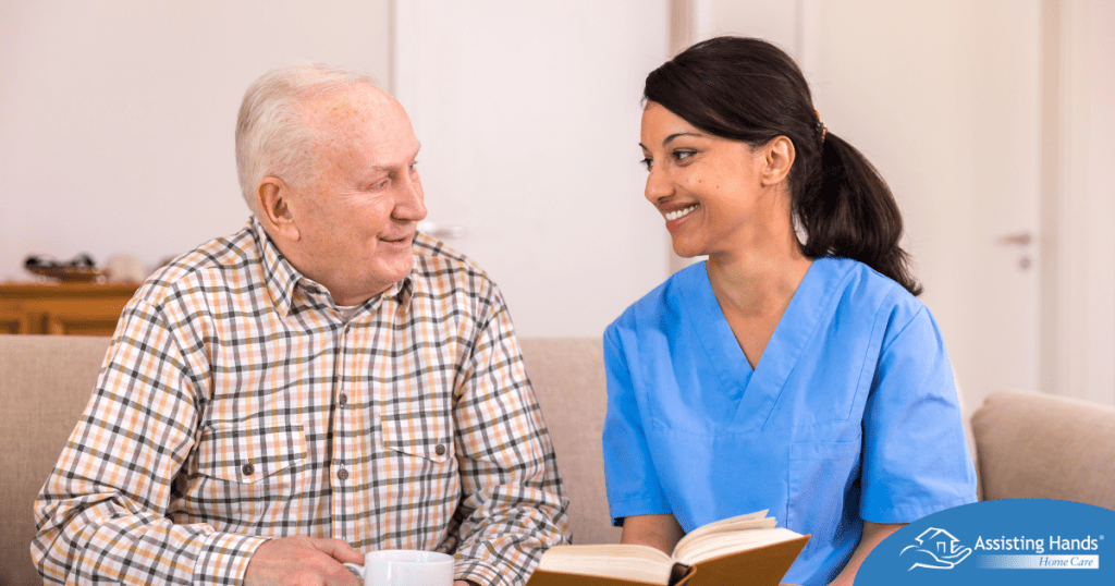 A professional caregiver enjoys her flexible career as she cares for and reads to an older client.