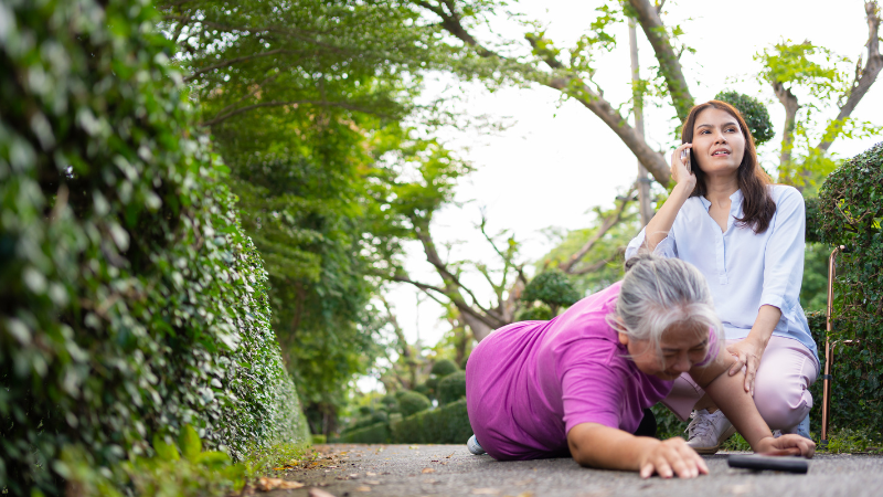 Asian senior woman fell down